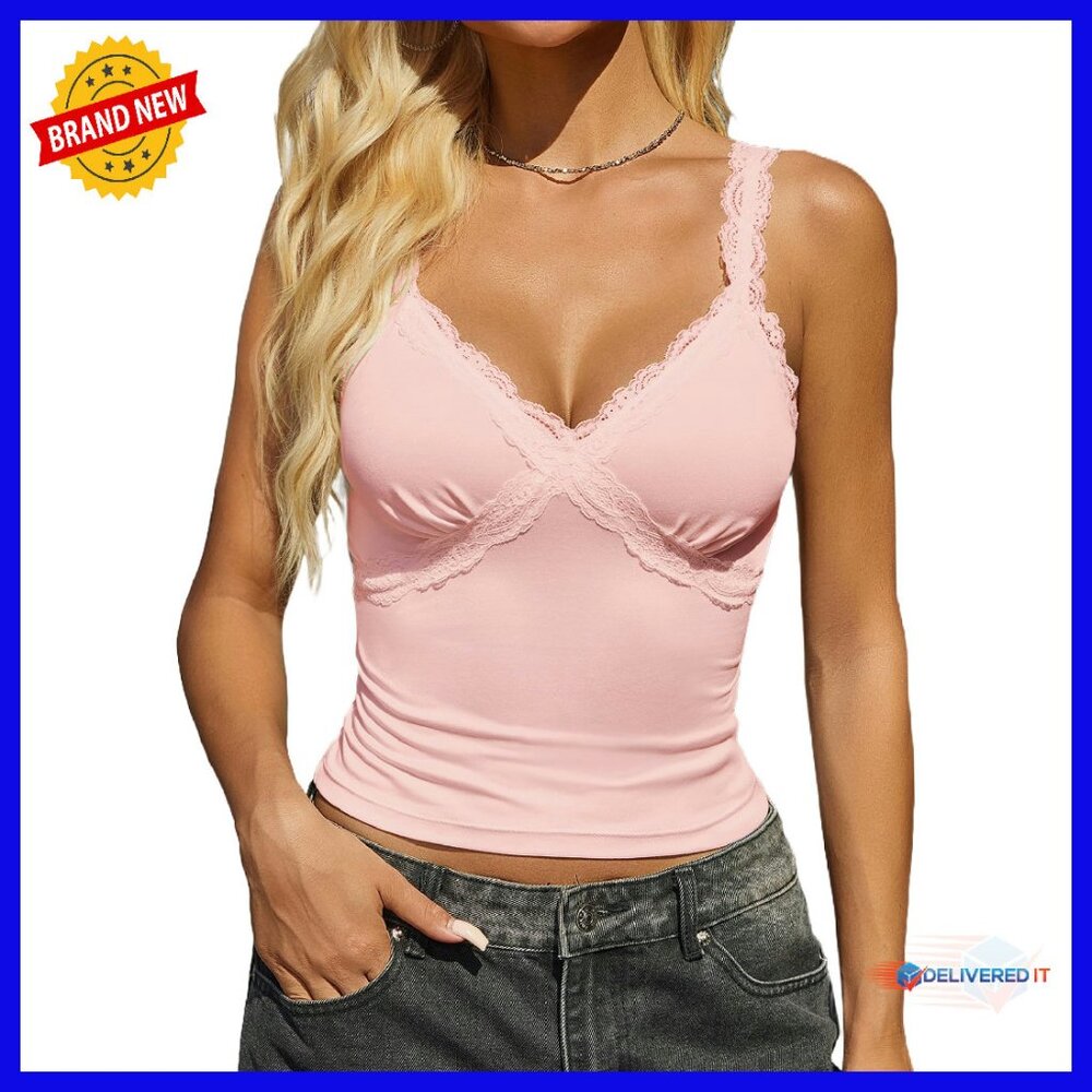 Lace Tank Top Deep Plunge V Neck Slim Fit Crop Shirt Summer Cami